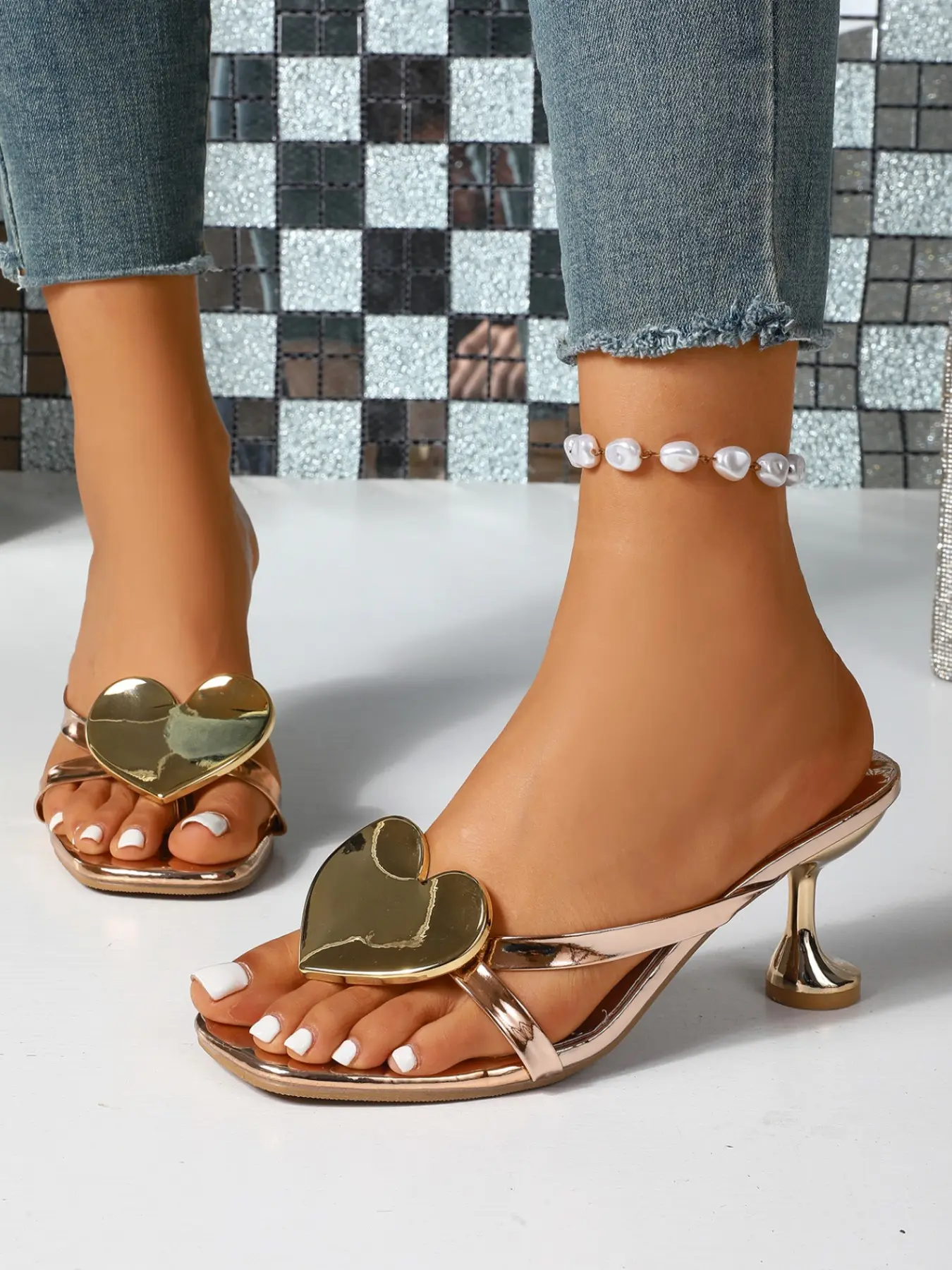 Summer Heart High Heel Sandals, Champagne Heart Element, Fashionable Party Shoes, Versatile Resort Style, Trendy Ladies' Footwear