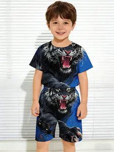 Summer collection Boys' short sleeve + shorts 2-piece set Blue cheetah dynamic print Breathable comfortable skin-friendly soft casual set