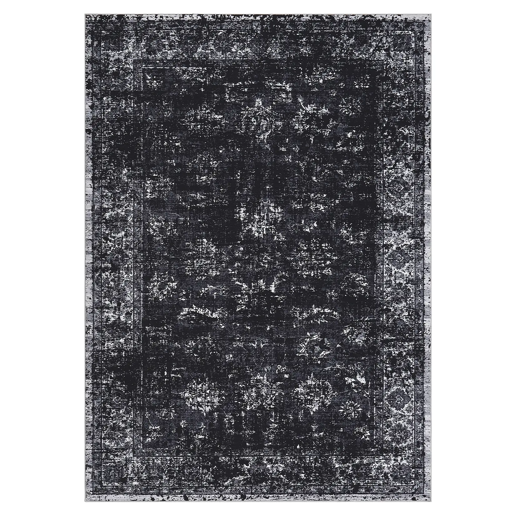 Monochromatic Vintage Floral Motif 4x6 ft Low-Pile Polyester Rectangular Black Area Rug, Artistic Tones, Stain-Proof, Machine-Washable for Living Room, Bedroom, Monochromatic Area Rugs