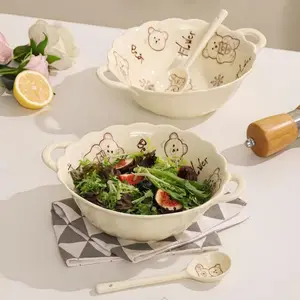 Cartoon Bear Pattern Ceramic Bowl Set, 1 Set Including 4 Counts Bowls & 4 Counts Spoons, Household Tableware for Home Kitchen Dining Room, Ceramic Dinnerware Set