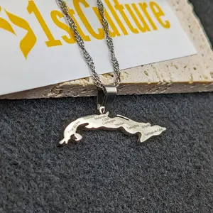 18k Gold Plated Cuba Map Necklace With City, Charm, Pendant, Havana Key Chain