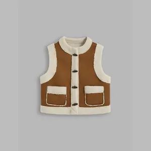 Cider [size 2-10] Faux Shearling Round Neckline Solid Toggle Button Pocket Jacket Vest