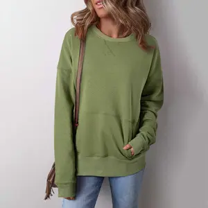 Vineyard Green Drop Shoulder Crisscross Stitching Pocketed Loose Sweatshirt 50 Polyester 50 Cotton Casual Pullover with Unique Design