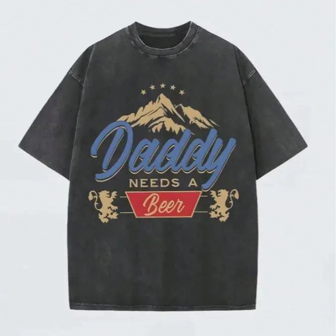 Women's 230G Heavyweight Cotton Crew Neck Short-Sleeve Oversized Boxy Fit Top, Vintage Washed Acid Wash Charcoal Gray Retro Streetwear Everyday Unisex Fashion T-Shirt - TrendWea, Retro Dad Humor Father's Day Gift for Beer-Loving Outdoor Dads