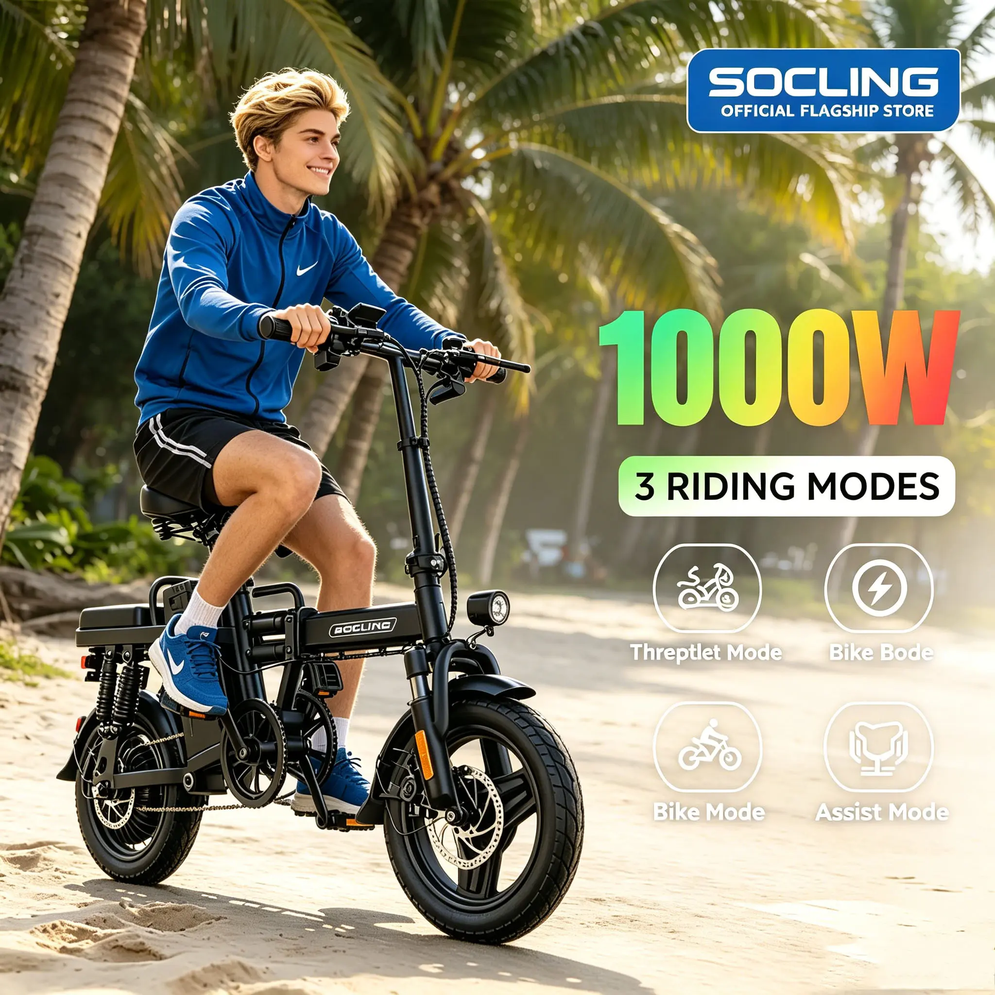 14-Inch Folding Electric Bike Cycle, 1000W Motor, 30 MPH Top Speed, 48 Mi Long Range, Dual Seat for 2 Riders, Portable Design, Stable Safe Urban Commuting E-Bike for Adults