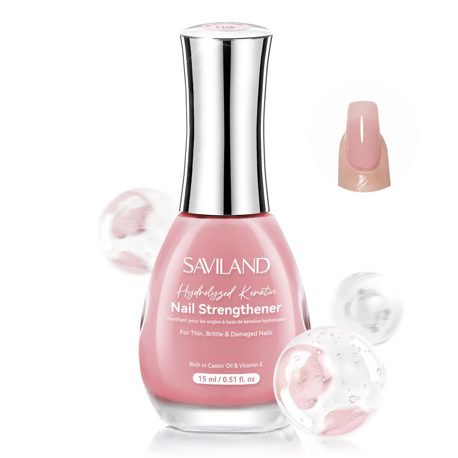SAVILAND Nail Strengthener Sheer Pink Natural Concealer Nail Polish Air Dry Complete Nail Care with Castor Oil Vitamin E 15ml for Weak Thin Nails Home DIY Manicure Women Gift