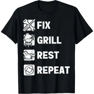 Mens Fix Grill Rest Repeat Routine Funny Gifts Fathers Day Dad T-Shirt Pure Cotton Graphic Tees Menswear Top: Gifts for Men & Women