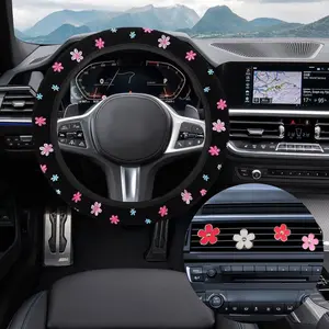 Cute Embroidery Flower Steering Wheel Cover, Non-Slip Floral Steering Wheel Protector with 4 count   Air Vent Clips, Universal  Interior Decorations for Women Girls