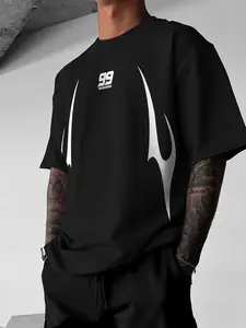 Men's Loose Fit Fashion Print Long T-Shirt, Racing Style, Casual Daily Wear, Unisex, Youth College Streetwear Trend