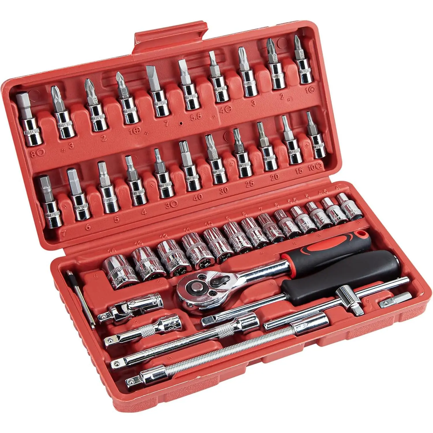 46 Pieces 1/4 inch Drive Socket Ratchet Wrench Set Tool Set with Bit Metric Socket Set Metric and Extension Bar for Auto Repairing and Household with Storage Case