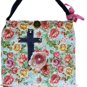 Hand Crafted Fabric Bible bag with Cross & Flower