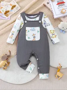 Cute Animal Print Baby Carrier Onesie Set, Striped Bib Pants with Pockets, Easy Snap-On Design, Perfect for Daily Wear & Home Activities, Baby Clothing