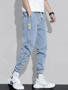 Men's Drawstring Denim Jeans, Plain Loose Fit, Suitable for Sports and Outdoor Activities, All Seasons, Elastic Waist, Slim-Fitting