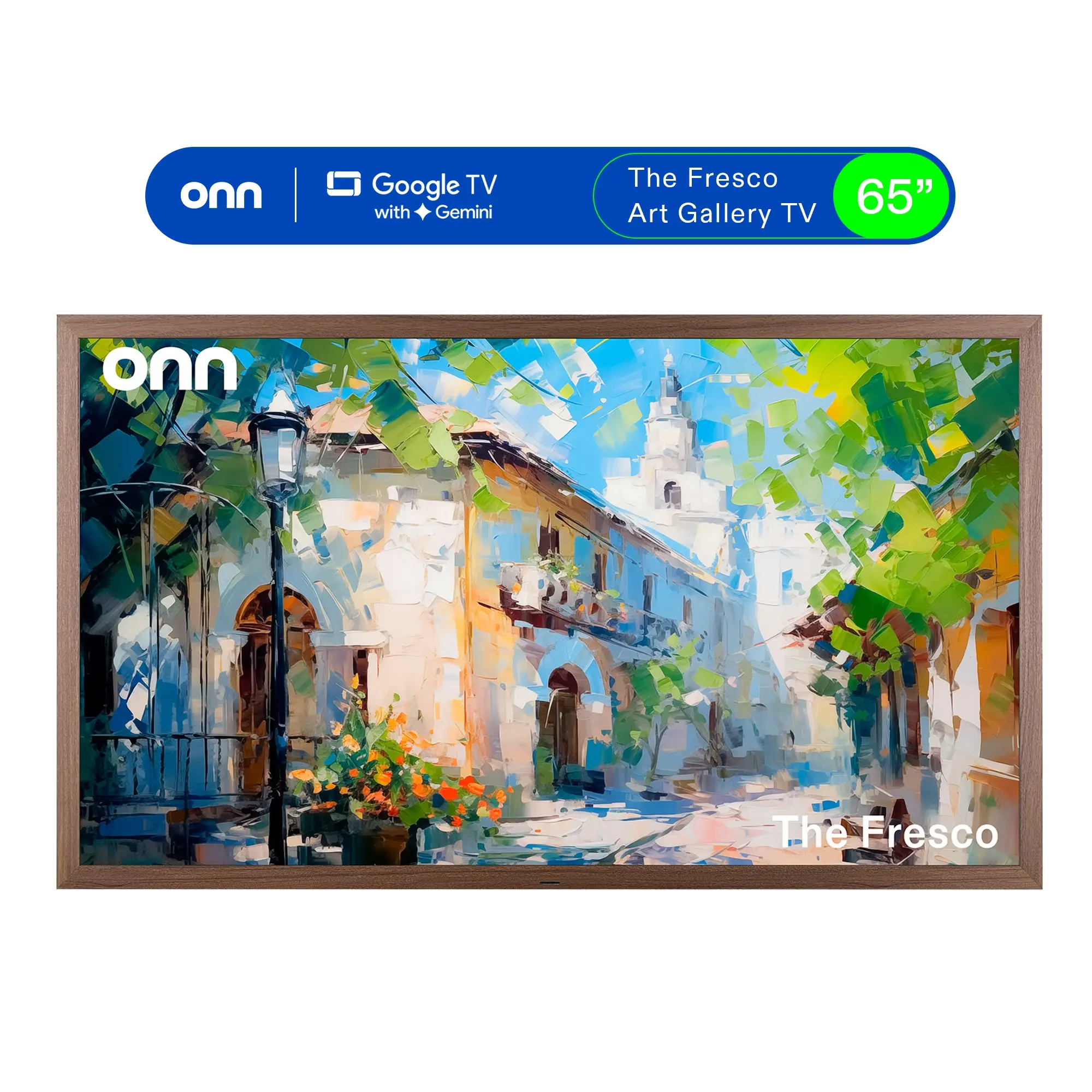 onn 65" The Fresco Art Gallery 4K UHD Google TV with Gemini, Walnut Frame and Mounting Kit
