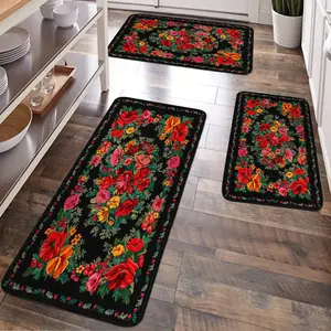 JIT 2/3 pcs of red flannel lace with colorful flower patterns for decorative carpet. Kitchen carpet set, flannel bedside set floor mat. Slip-resistant washable bedside soft carpet, suitable for kitchen, laundry room, corridor floors, running pad carpet.