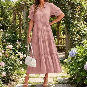 Women's Summer Casual Short Sleeve Button Loose Fit Pleated Boho Flowy Swing Long Beach Sun Dress - Lightweight Breathable Floral Print Sundress Perfect for Vacation Party Shopping Daily Wear Comfortable Fashion Style Ladies Clothing