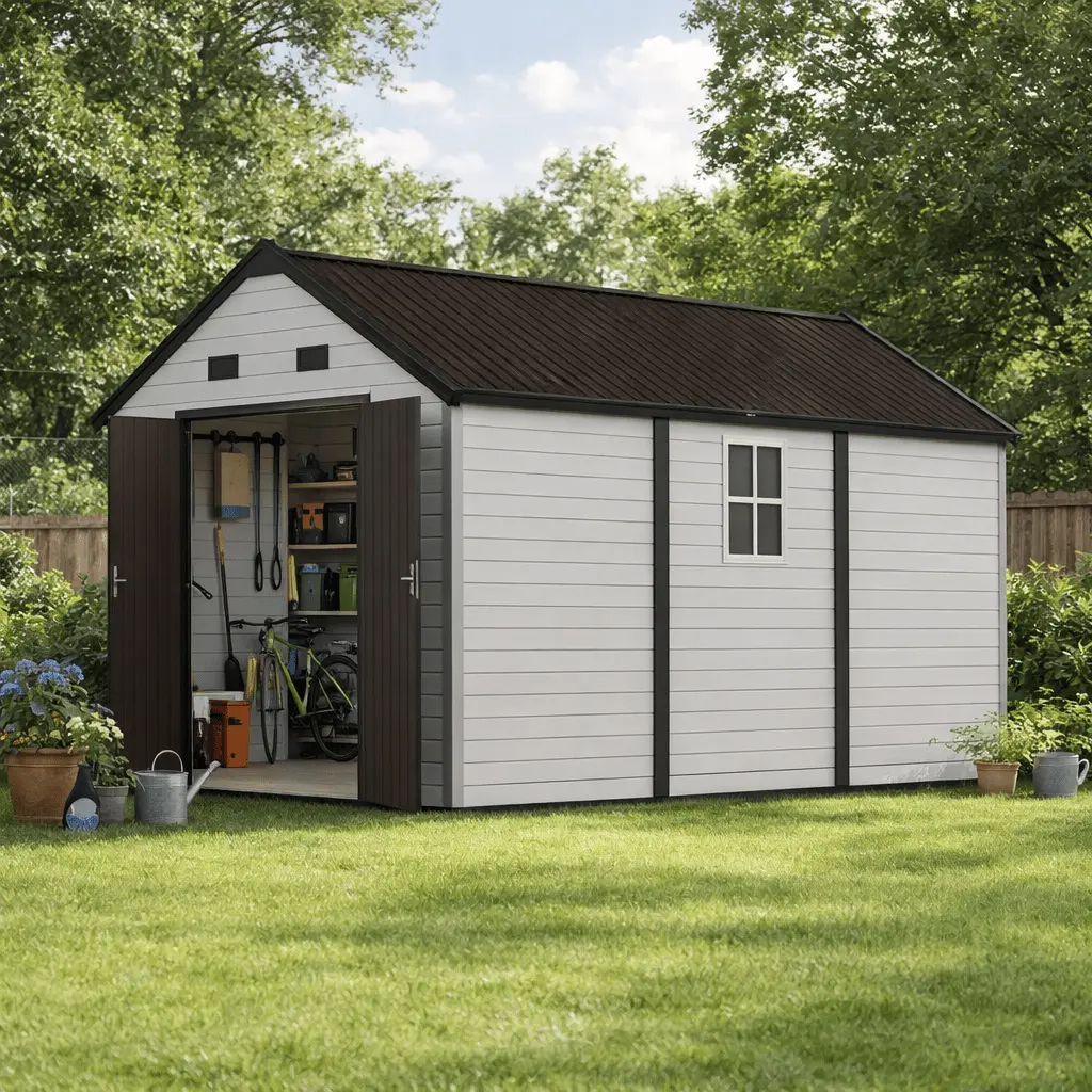 8x13.5 FT Outdoor Resin Storage Shed with Floor Large Garden Tool Storage House with Window Vent for Backyard Patio Lawn