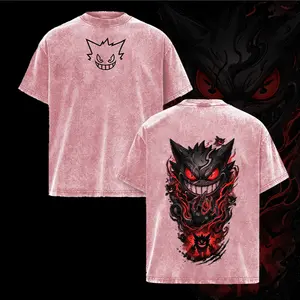 Shadow Ghost Creature Gengar Anime Graphic T Shirt Vintage Washed Oversized Streetwear Tee Dark Monster Smile Red Aura Aesthetic Unisex Gift for PKM Fans