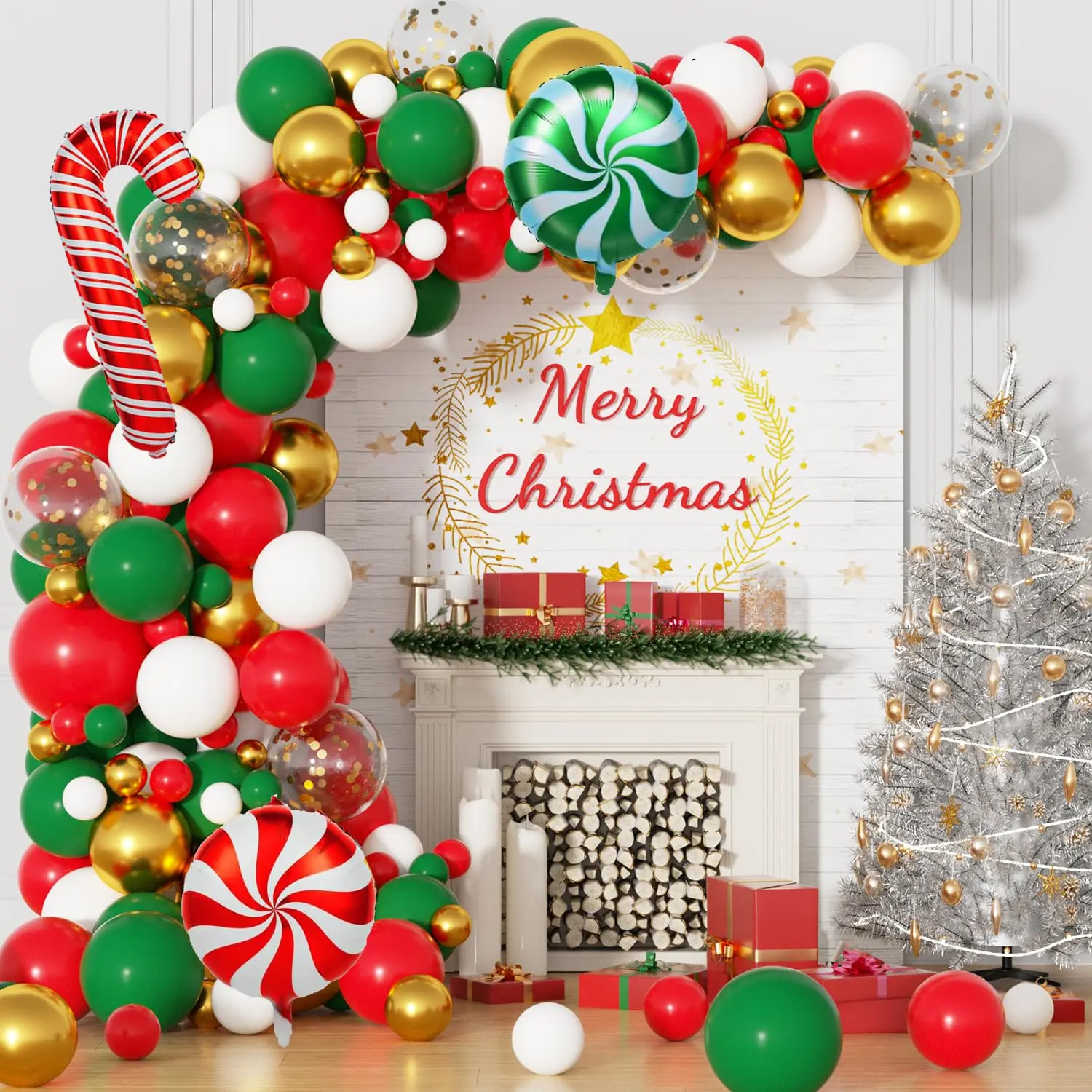 Christmas Balloons Garland Arch Kit, Red White Green, Candy Cane Foil, Merry Christmas Party Decorations Photo Tool