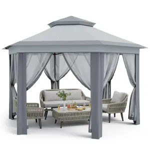 GAOMON 13X13 Pop Up Gazebos,Outdoor Canopy Tent with Mosquito Netting, Double Vented Roof Sun Shelter with Adjustable Heights,for Patio Furniture,Grey