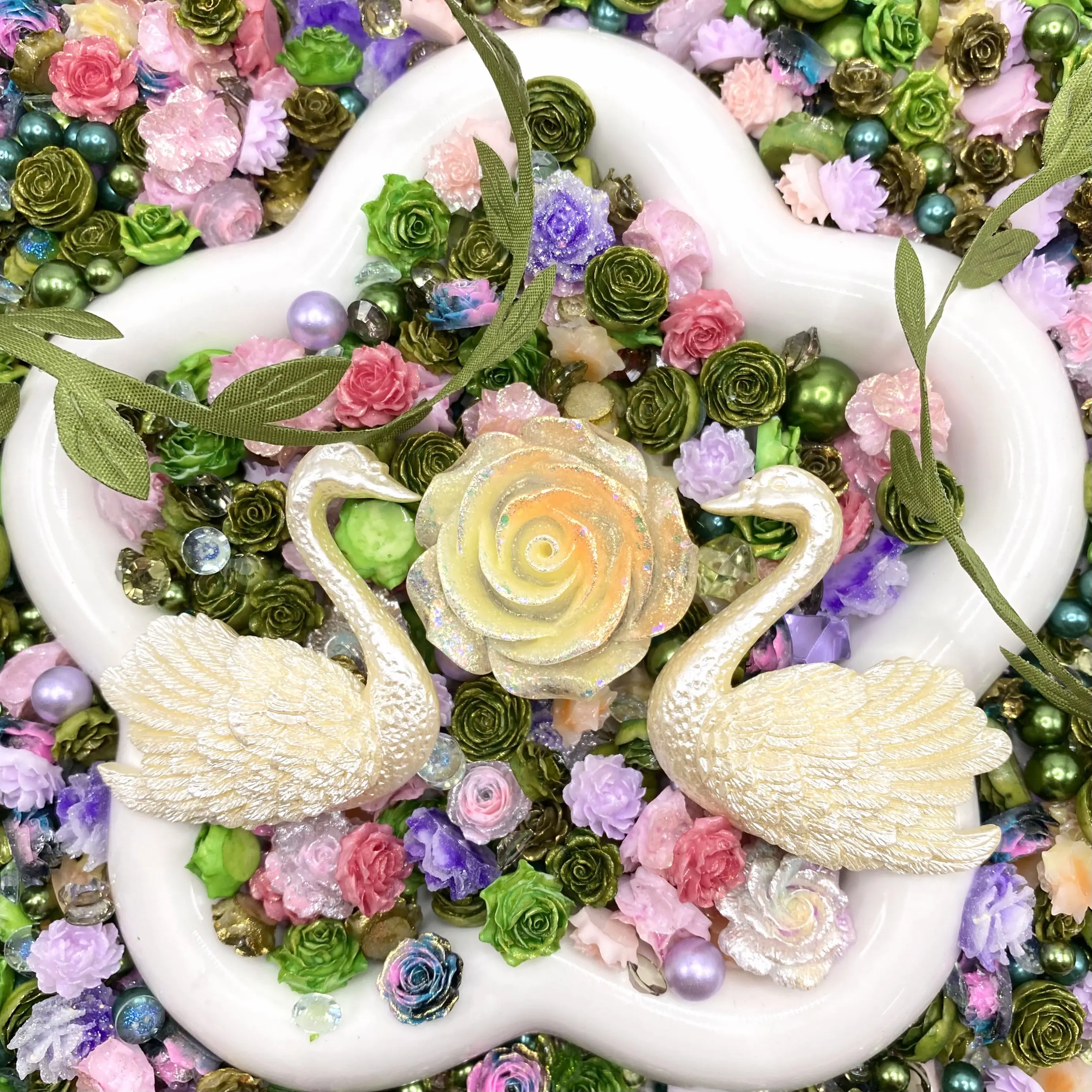 Enchanted Swan - Nail Charm +Rose Mix - Floral Resin Cabochon Mix with Rhinestones – Assorted Flower Resin Charms for Whipped Cream Glue, Resin Art & Mirror Decoration