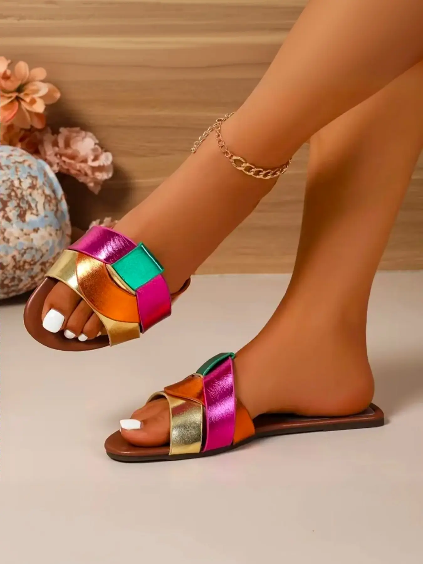 Women's Metal Color Block Flat Skateboard Sandals, Retro Bohemian Style, Non-Slip Open Toe Slippers, Summer Beach & Casual Wear