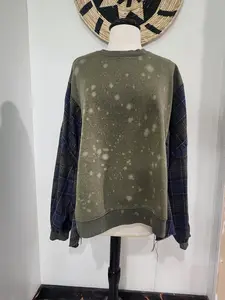 Olive Splatter Upcycled Sweatshirt Flannel Oversized Comfy Pullover One-of-a-Kind One Size Fits Most