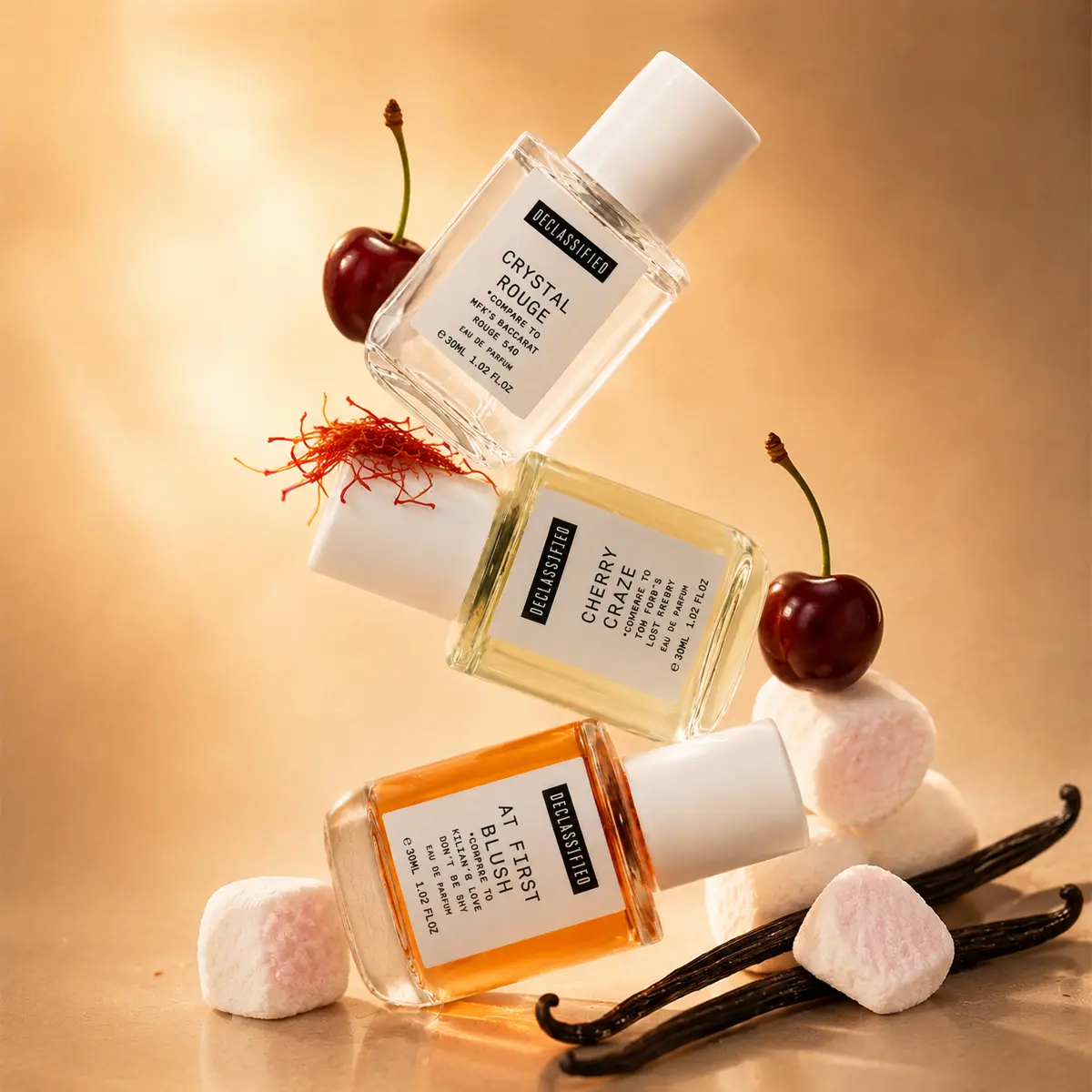 Declassified Eau de Parfum Set Crystal Rouge × Cherry Craze × At First Blush 30ml Each Orange Blossom Saffron Cherry Amber Marshmallow Vegan Cruelty Free