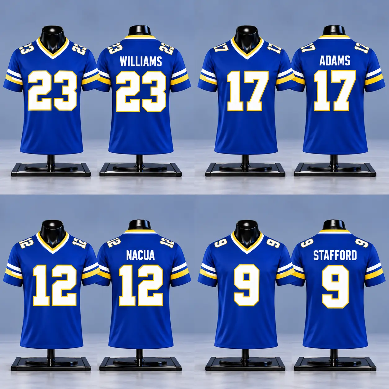 Kyren Williams #23, Davante Adams #17, Puka Nacua #12 & Matthew Stafford #9 Premium V-Neck Jersey, Rams House Fans, Royal Blue & Gold Fans, Football Fans Apparel, Unisex Game Day Jersey, Gift For Football Lovers