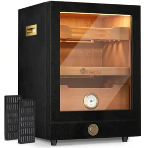 KingChii Premium Cedar Storage Cabinet with 3-Color LED Lighting Hygrometer 100Capacity Black Spanish Cedar Leather Humidifier for Sticks Collectibles