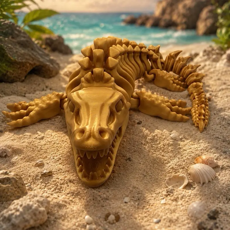 3D Printed Gold Ocean Spinosaurus Skeleton | Articulated Sea Dinosaur Fidget Toy | Flexible Marine Reptile Desk Decor & Gift