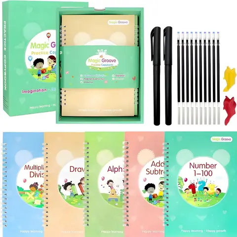 Reusable 5 Handwriting Practice Books Stationery Set - 2 Pens, 10 Refills, 2 Grip-Aid Silicone Pen Grips, Automatic Fading, Visual Learning Tools for 3-10 Years Preschool Kids, Holiday Gifts, Travel School Supplies