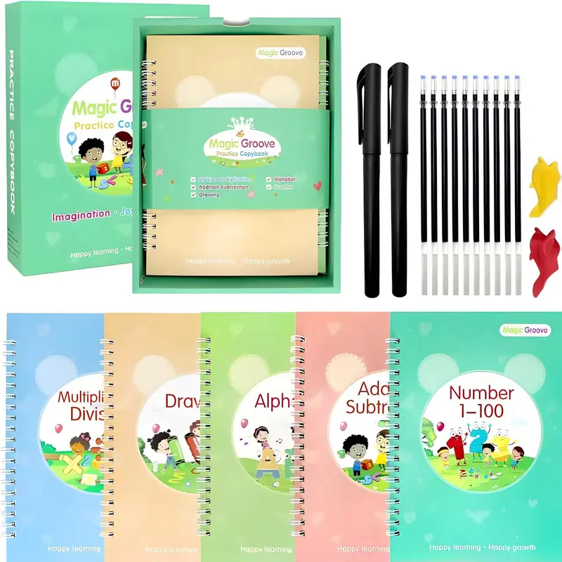 Reusable 5 Handwriting Practice Books Stationery Set - 2 Pens, 10 Refills, 2 Grip-Aid Silicone Pen Grips, Automatic Fading, Visual Learning Tools for 3-10 Years Preschool Kids, Holiday Gifts, Travel School Supplies