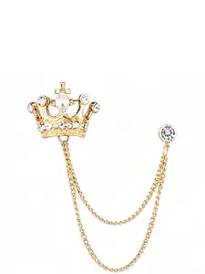 1pc Luxury Gold Crown Brooch with Tassel Chain, Sparkling Rhinestone Suit Lapel Pin for Men, Vintage Royal Regal Jewelry, Elegant Groom Wedding Accessory, Formal Party Prom Suit Decor, Gift for Men, alloy brooch pin, Brooches Pin
