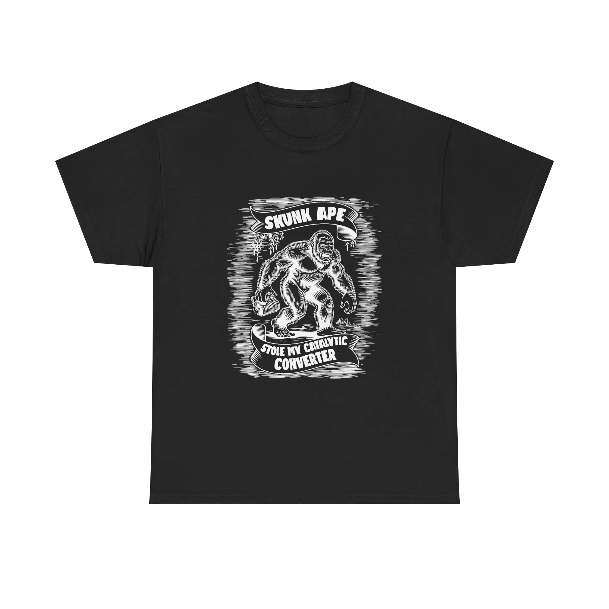 Skunk Ape Stole My Catalytic Converter Shirt - Funny Cryptid Bigfoot Tee Fitted Short Sleeve Rock Style Summer Top for Menswear Unisex Black White Streetwear Tshirt Crewneck Soft Comfortable Fit High Contrast Design Perfect Gift Plus Size Casual T-Shirt