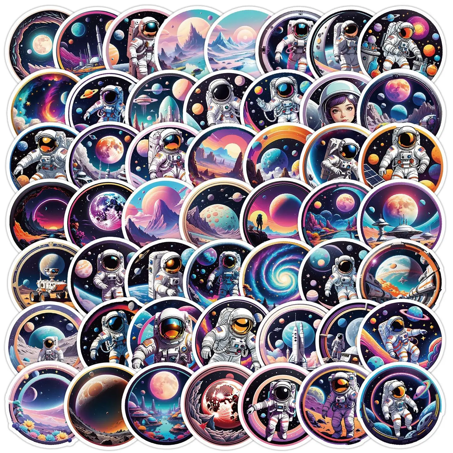 Astronaut Pattern Sticker, 50pcs/set Cute Astronaut Series Decorative Sticker, Self Adhesive Decor Paper for Gift Greeting Card Water Bottle Laptop Phone, Cases