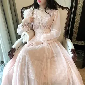 100% PURE Women's Polyester Formal Dress, Autumn New Korean Fairy-Style Solid V-Neck Buttoned Gauze Lace Long-Sleeve Wrap-Waist Slim A-Line Dress