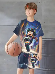 Boys Rainbow Pixel Running Set, Summer City Street Short Sleeve Shorts Two-Piece, Casual Slim-Fitting Suit, Random Print