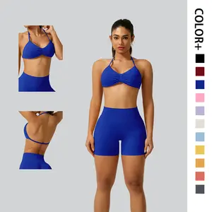 Best-selling halter yoga bra set with high-waisted hip-lifting design, seamless yoga outfit for outdoor wear and running Viral TikTok Lululemon Dupe Workout Set |   Halter Bra High Waist Butt Lift Seamless Biker Shorts