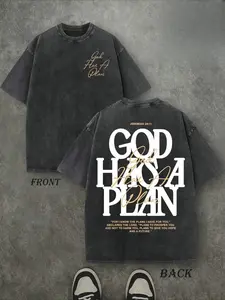 Christian God Has A Plan Scripture Washed Black T-Shirt | Bold & Cursive Text Graphic Tee | Oversized Casual Crew Neck Short Sleeve Top | Religious Faith Inspired Urban Streetwear