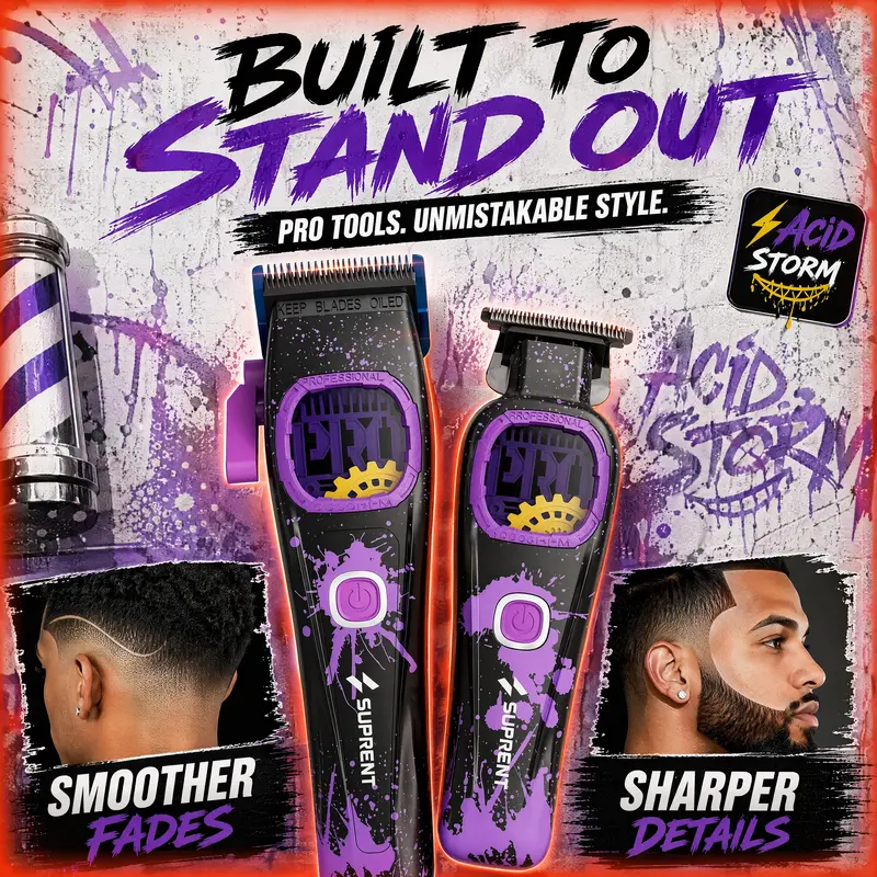 SUPRENT AcidStorm Pro Barber Clippers Set Pack - Fade Grooming Kit, 8500 RPM Motor, Blue MIM Sharp Titanium Blade, Cooling Function, Dual Head Charge, 0 Snagging, Acid Purple Graffiti, Magnetic Guards, PVD-Coated, All Hair Types Home Barber Equipment
