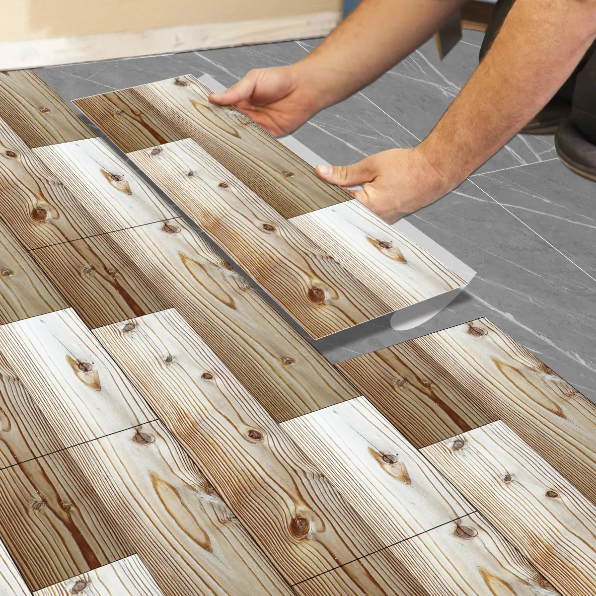 Pine Wood Grain Peel and Stick Floor Tiles, Self Adhesive PVC Flooring, Waterproof Durable, for Kitchen Bathroom Bedroom Apartment
