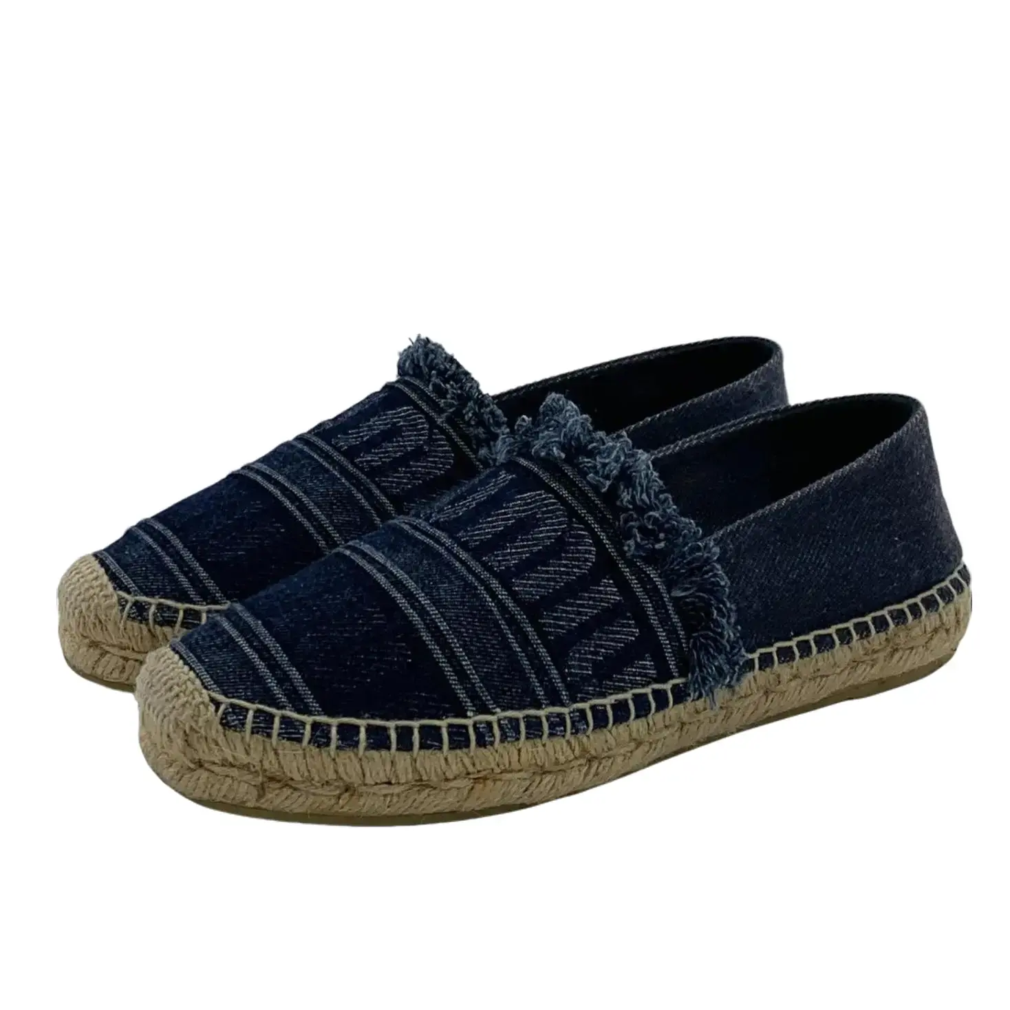 RDLT-Dior size 37 navy denim frayed edge logo jacquard slip‑on espadrilles-J38509