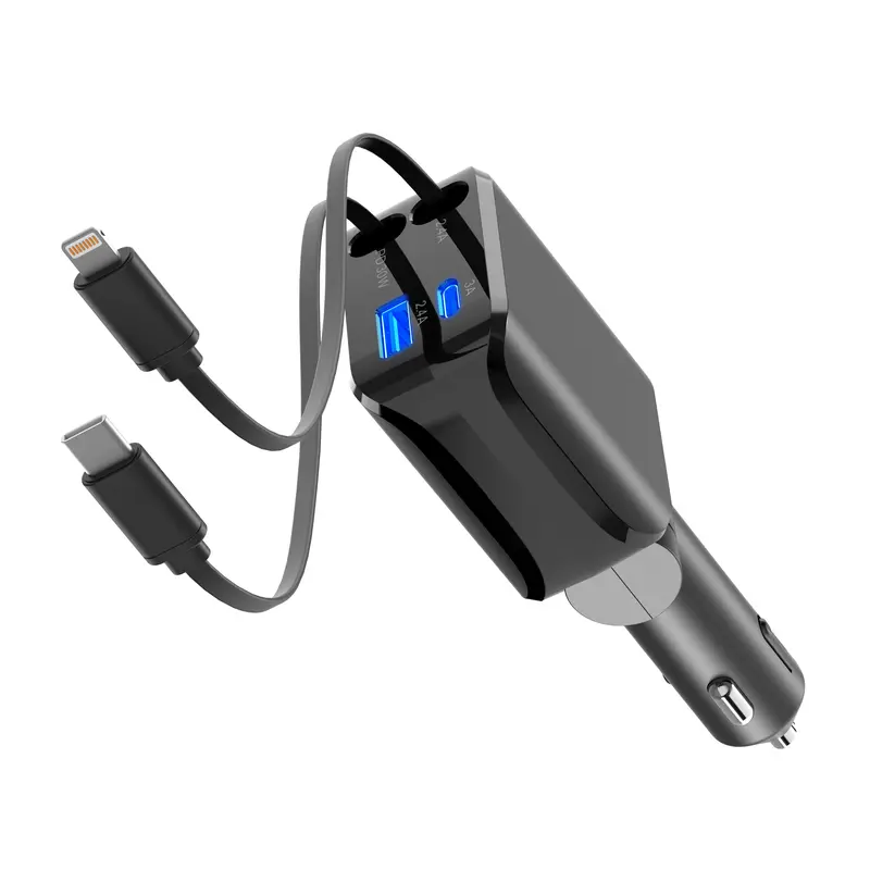 Retractable Car Charger 100W 4-in-1 Tangle-Free Auto Accessory, 70cm PD Fast Adapter with Dual USB-C Super Fast Charge for iPhone 17/16/15/14/13 & Samsung Devices, Vehicle Accessory for iPhone