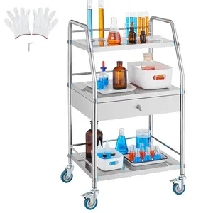 fathersdaygift VEVOR Service Cart, 3 Layers Stainless Steel Utility Rolling Cart, Medical Cart with Drawer, Dental Utility Cart with Lockable Wheels, Ideal for Laboratory, Hospital, Dental Use