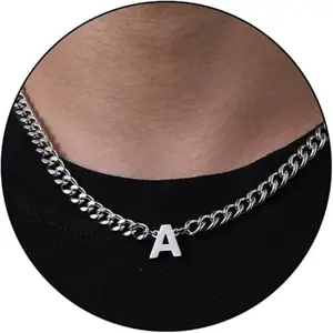 Stainless steel English 26-letter necklace, European and American fashion versatile trend men's personality jewelry, with box, 48 + 5cm, Father's Day gift, girlfriend