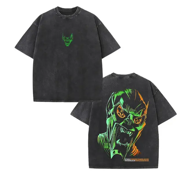 Green Goblin Oversized T-Shirt, Vintage Washed Villain Streetwear Y2K Aesthetic Graphic Tee, Unisex Heavy Cotton Movie Apparel