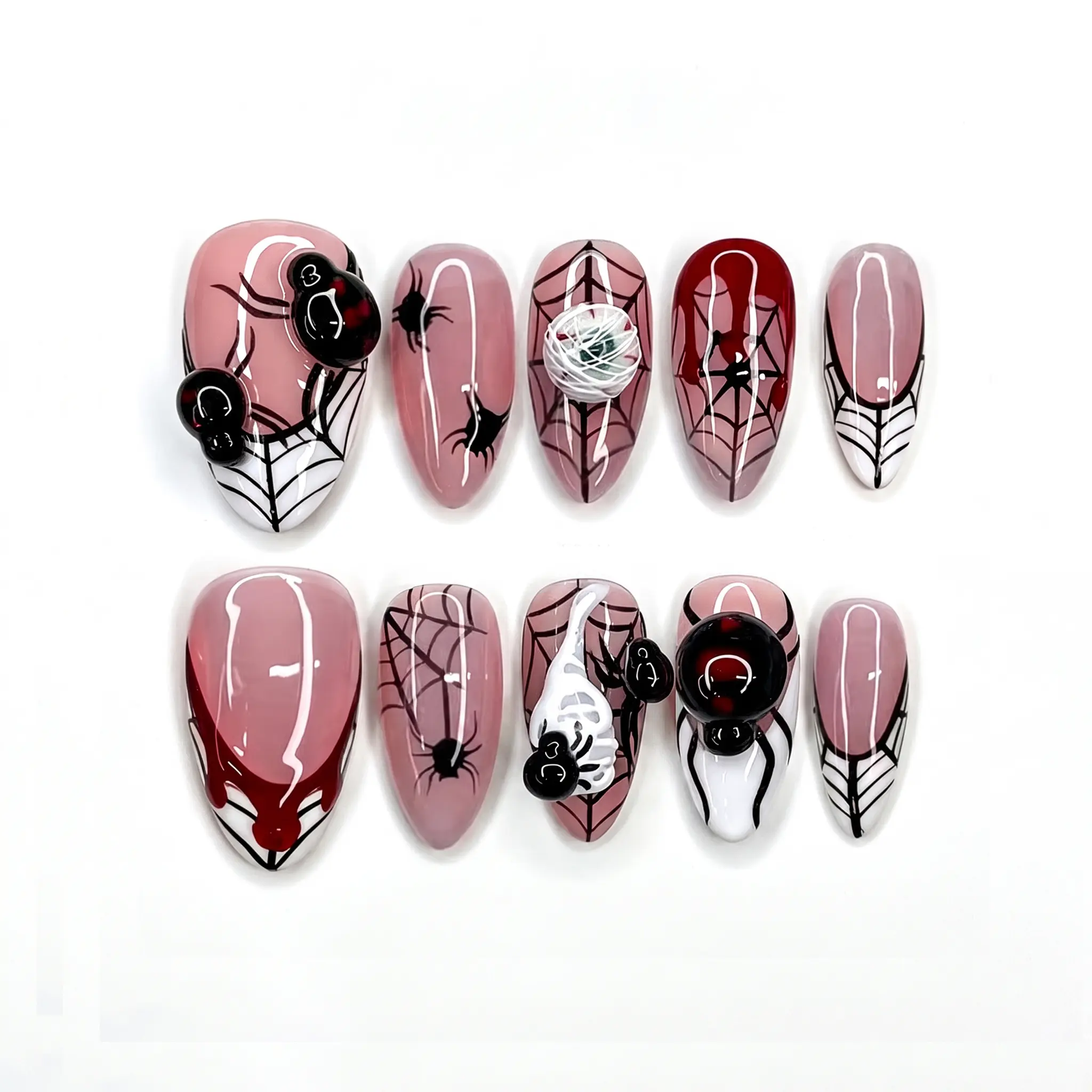 GlossyMuse 24pcs Reusable Press on Nails Set - Halloween Almond Fake Nails with Mauve Pink, Wine Red Drip, 3D Spiders, White Web, High Shine Finish
