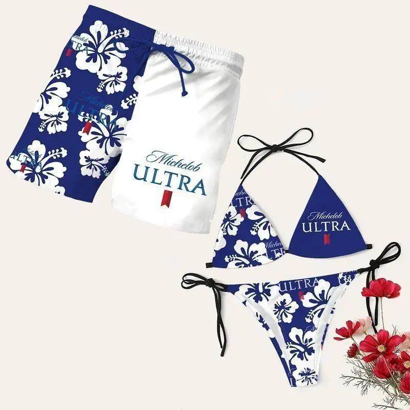 Matching Michelob Ultra Floral Swimsuits for Couples – Swim Bra & Tie Side Thong Bikini + Men's Beach Shorts, Summer Vacation Swimsuit, Hawaiian Shirt Style, Aloha Beach Outfit, Casual Holiday Bathing Suits, Menswear & Womenswear