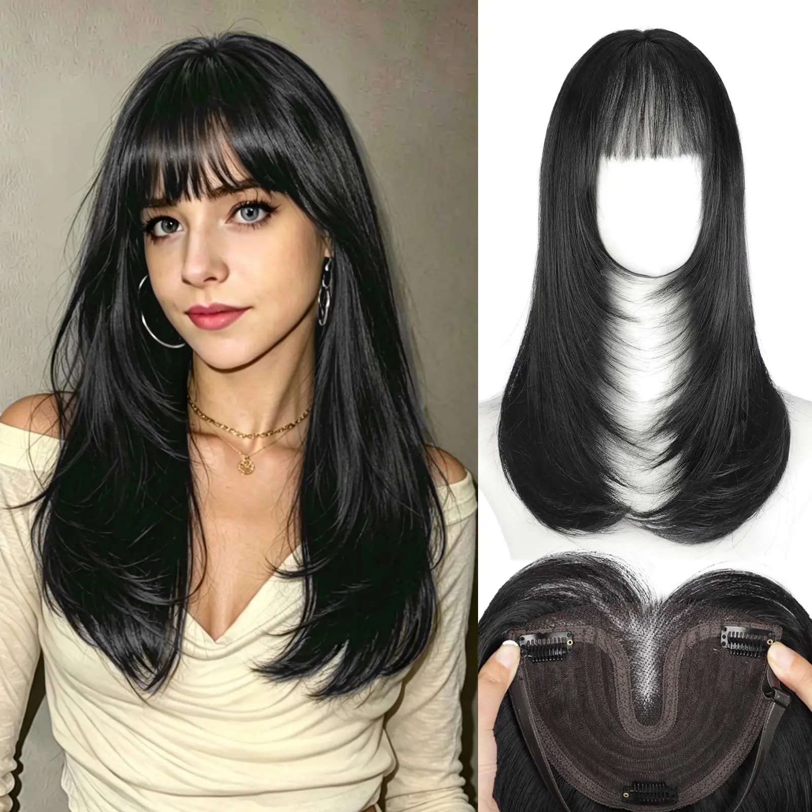 HMD Hair Toppers for Women with Thinning Hair, 20 Inch Long Layered Straight Synthetic Hair Topper with Air Bangs, Lightweight Breathable Seamless Large Base Hairpiece with Adjustable Band & Anti-Slip Clips